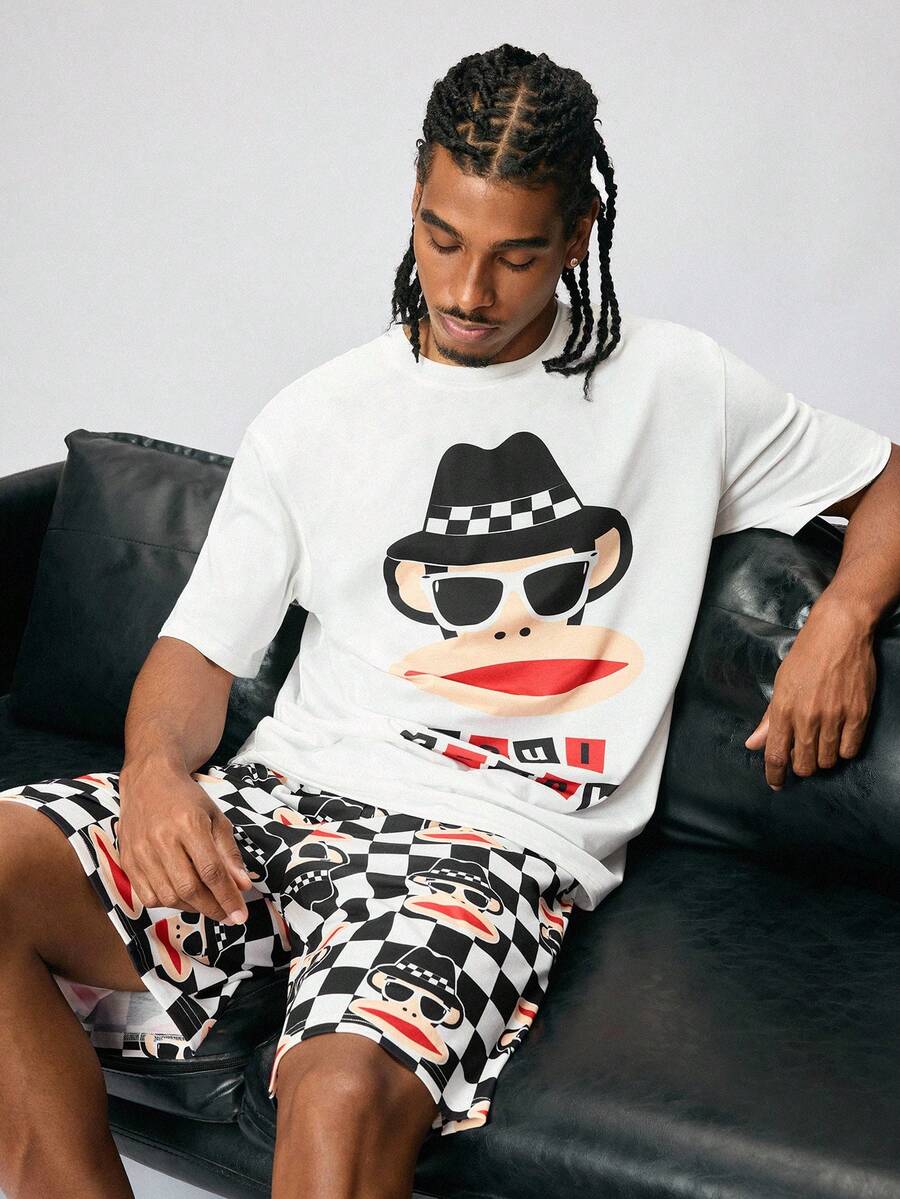 Paul Frank X SHEIN 男士卡通印花白色上衣和格子印花短裤睡衣套装 - 黑與白 - 查看 1