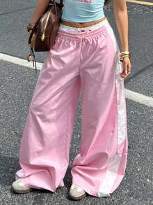 Coolane Women's Fall Streetwear Concert Outfit Rave Outfit Festival Going Out Vintage Y2K Color-Blocked Pink Loose Wide Leg Pants Summer Outfits For Women Pink Baggy Pants Women's Pink Pants - Baby Pink - View 5