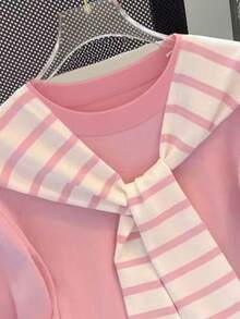女士圆领短袖休闲夏季日常百搭T恤 - 粉色 - 查看 3