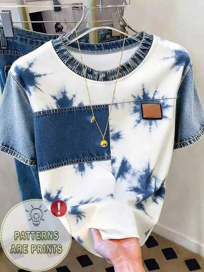 Áo thun nữ thời trang thường ngày, vai rớt, cổ tròn, phối họa tiết nhuộm loang, áo thun giả denim, áo thun nhuộm loang, áo thun thoải mái thường ngày mặc ngoài trời, áo thun mặc được cả bốn mùa.