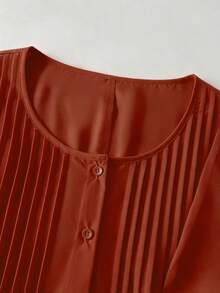 SHEIN LUNE CURVE Plus Size Women Round Neck Button-Up Shirt, Spring/Summer Bussines Office Chocolate Brown Casual - Redwood - View 3