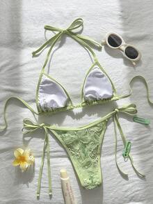 Swim Vcay 两件式泳衣，春夏海滩度假风，花卉亮片纹理薄荷绿串珠吊带三角上衣和侧系带泳裤性感比基尼套装 - 薄荷綠 - 查看 2