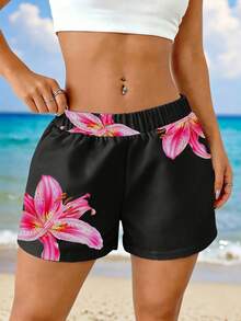 EMERY ROSE Quần short đi biển in họa tiết hoa ly dành cho nữ - Quần short mùa hè dáng rộng, thích hợp cho kỳ nghỉ, hồ bơi và trang phục thường ngày - Dễ dàng giặt tay. - Nhiều màu - Xem 1