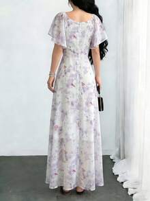 Modelyn Women's Chiffon Butterfly Print Batwing Sleeve Pleated Sweet French Style Summer Dress - Apricot - View 2