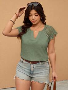 Elaquor Plus Size Women's Solid Color V-Neck Casual Versatile Daily Wear T-Shirt - Mint Green - View 4