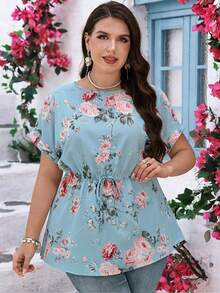 EMERY ROSE Plus Size Round Neck Batwing Sleeve Casual Elegant Royal Blue Blouse, Summer Boho Holiday Party Vacation For Women - Blue - View 4