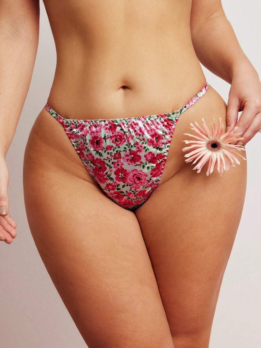 Elorette Plus Size Floral Print Satin Panties, Romantic Countryside Style, Sweet & Cute, Suitable For Vacation & Daily Wear - Pink - View 1