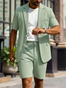 Manfinity Mode Men's Solid Color Front Button Short Sleeve Suit Jacket And Shorts Set, Ceremony, Formal - Mint Green - View 5