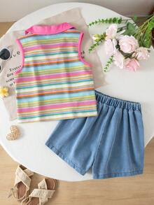 SHEIN 2件套少女夏季新款针织纹理面料立领无袖Polo衫和牛仔短裙套装，樱桃爱心装饰，波浪下摆，刺绣，休闲时尚 - 彩色 - 查看 2