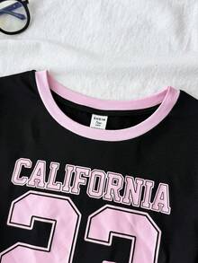 SHEIN 少女T恤套装，夏季新款针织黑色拼接粉色数字字母图案休闲运动T恤套装 - 黑色 - 查看 4