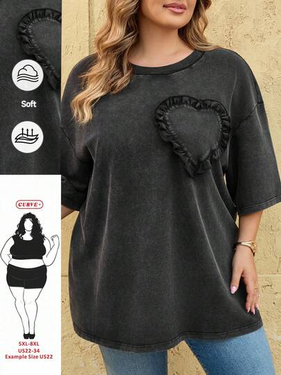 SHEIN CURVE+ Camiseta de mujer de gran tamaño de moda casual de verano, estilo callejero, con hombros anchos, plisada, con estampado de corazón lavado, para primavera y verano, camiseta de ocio y vacaciones de mujer, top de verano