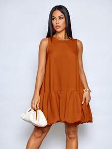 SOLERSUN Women's Elegant Scoop Neck Chic Ruffled Hem Summer Party Outfit Puffball Mini Dress - Rust Brown - View 8