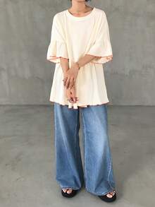 FRIFUL Camiseta feminina casual de verão, modelagem solta, gola redonda e barra com babados. - Damasco - Ver 5
