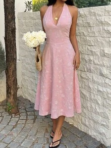 SHEIN SunnyBelle Đầm midi nữ màu xanh dương cổ yếm buộc dây eo chữ V dáng chữ A, thời trang, thanh lịch, lãng mạn, cao cấp, thích hợp cho tiệc sinh nhật, hẹn hò, đi biển mùa hè, thiết kế buộc dây eo giúp thon gọn vóc dáng, thích hợp cho mùa xuân/hè. - Hồng - Xem 1