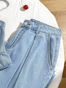 SHEIN PETITE 女士休闲牛仔吊带背心（荷叶边下摆）和牛仔裤套装，夏季 - 淺色水洗藍 - 查看 3