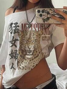 SHEIN EZwear 女士休闲简约印花露肩宽松短袖T恤 - 彩色 - 查看 1