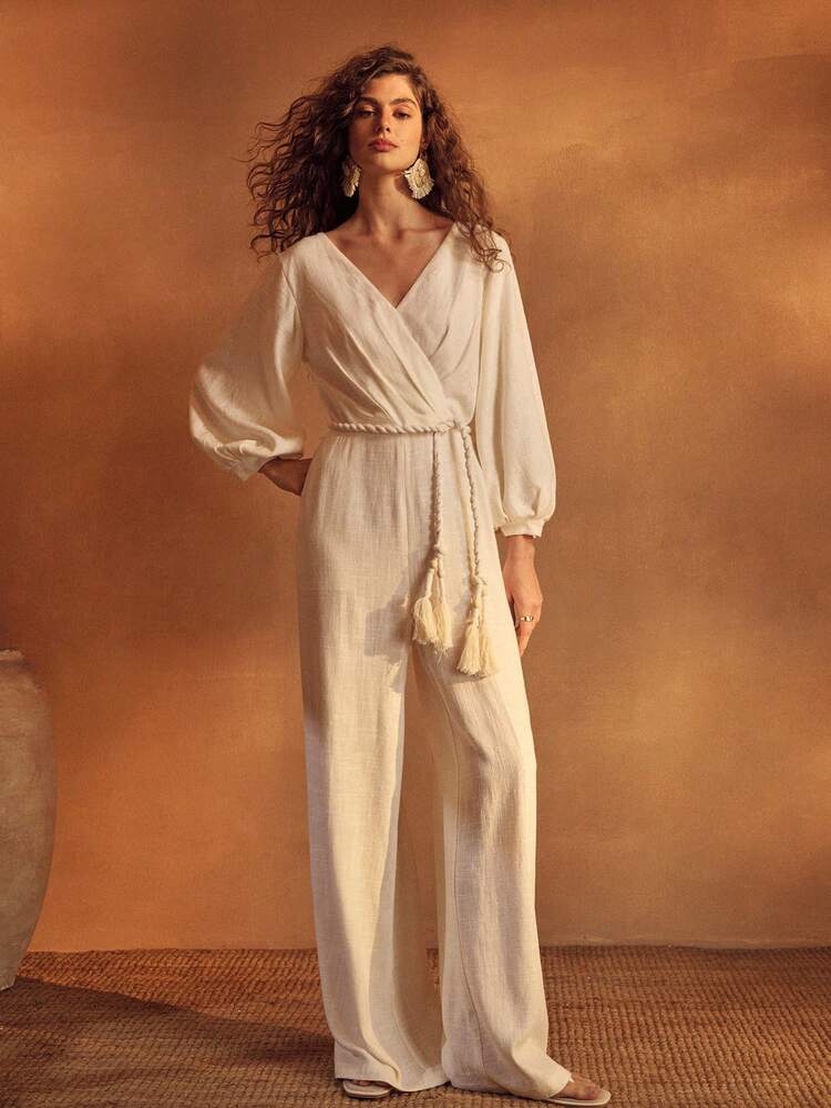 WOMEN'S LINEN BLEND JUMPSUIT, LONG LENGTH, SUITABLE FOR SPRING & SUMMER VACATION
