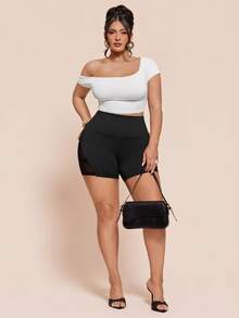 SHEIN BAE Quần short nữ cỡ lớn màu đen phối lưới nhung. - màu đen - Xem 3