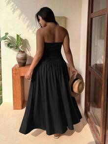 SHEIN EZwear 大码黑色拼接A字连衣裙，休闲度假风，春夏款 - 黑色 - 查看 5