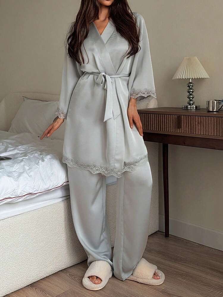 Women's Solid Color Contrast Lace Robe And Pants Elegant Pajama Set