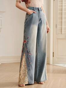 Anewsta Jeans de campana con encaje de contraste bordado de lujo para mujer, estilo de vacaciones - Azul - Ver 8
