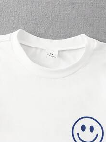 Set de 2 piezas con camiseta de manga corta de cuello redondo de tela de punto de unicolor y pantalones largos a rayas para niño pequeño, adecuado para uso casual de verano y vacaciones - Azul - Ver 7