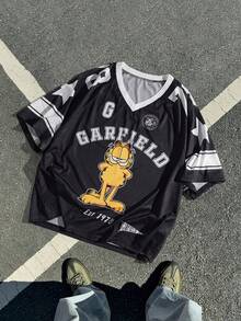 GARFIELD | SHEIN 男士时尚百搭字母印花V领短袖T恤， - 黑色 - 查看 3