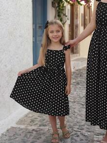 SHEIN Young Girl Woven Polka Dot Square Neck Ruffle Hem Casual Dress - Black - View 4