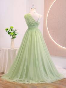 Đầm lệch vai, eo xoắn, chất liệu lưới mềm mại, thanh lịch, thích hợp cho đám cưới, dạ hội, sinh nhật, tiệc tùng, mọi mùa. - màu xanh lá - Xem 2