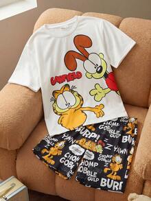 GARFIELD | SHEIN Tween Boy Cartoon Print Top And Shorts Pajama Set - Black and White - View 1