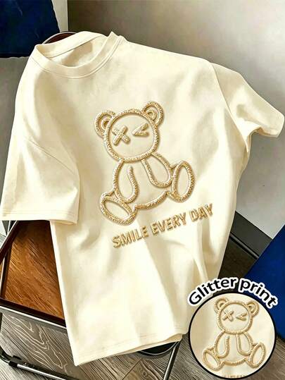 Glimmora Camiseta con estampado de oso y letras para hombre