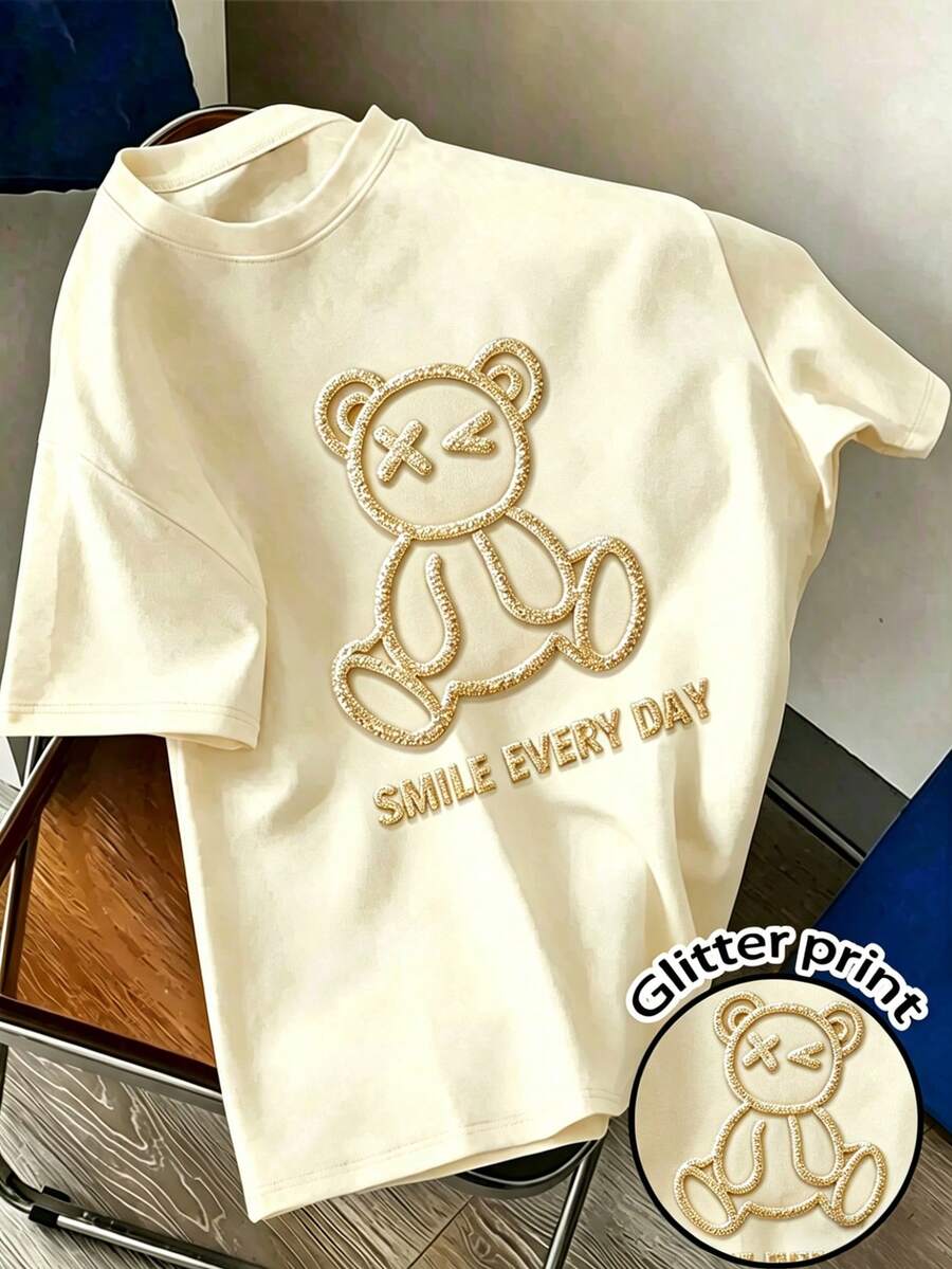 Resyla Camiseta con estampado de oso y letras para hombre - Caqui - Ver 1