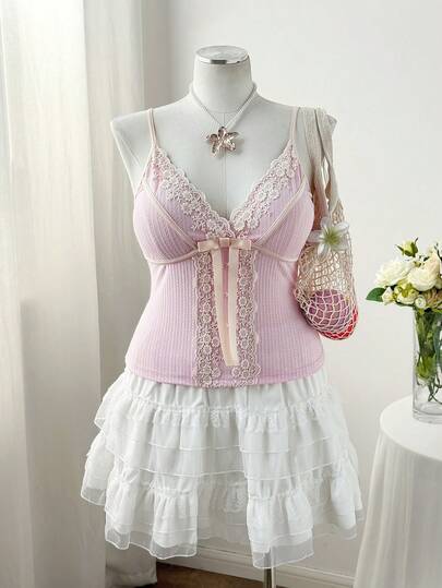 Sweetra Plus Size Women's Cute Casual Lace Patchwork Collar Bow Knit Camisole, Suitable For Daily Wear, Back To School Season, All Seasons