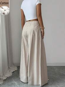 Elenzga Women's Autumn Pastal Stripe Cotton Wide-Leg Trousers Fashionable Loose-Fitting Button-Down Pleated Casual Elegant Girlisim Vacation White Brunch - Khaki - View 2