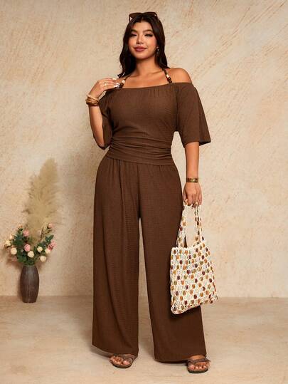Elaquor Plus Size Solid Color Halter Tie Ruched Top And Wide Leg Pants Casual 2 Piece Set