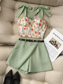 GlowEve Women's Tulip Print Cami Top With Shoulder Tie Bow Design, Matcha Green High Waist Asymmetrical Skort With Belt, Elegant Slim Fit Commute 2-Piece Set - Multicolor - View 5