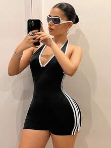 SHEIN ICON Color-Block Halter Backless Jumpsuit Jumpsuit For Summer - Black and White - View 6