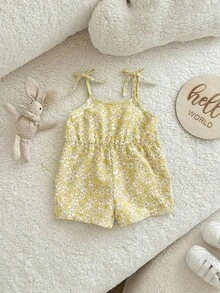SHEIN 新生女宝宝可爱夏季碎花连体衣 - 黃色 - 查看 5