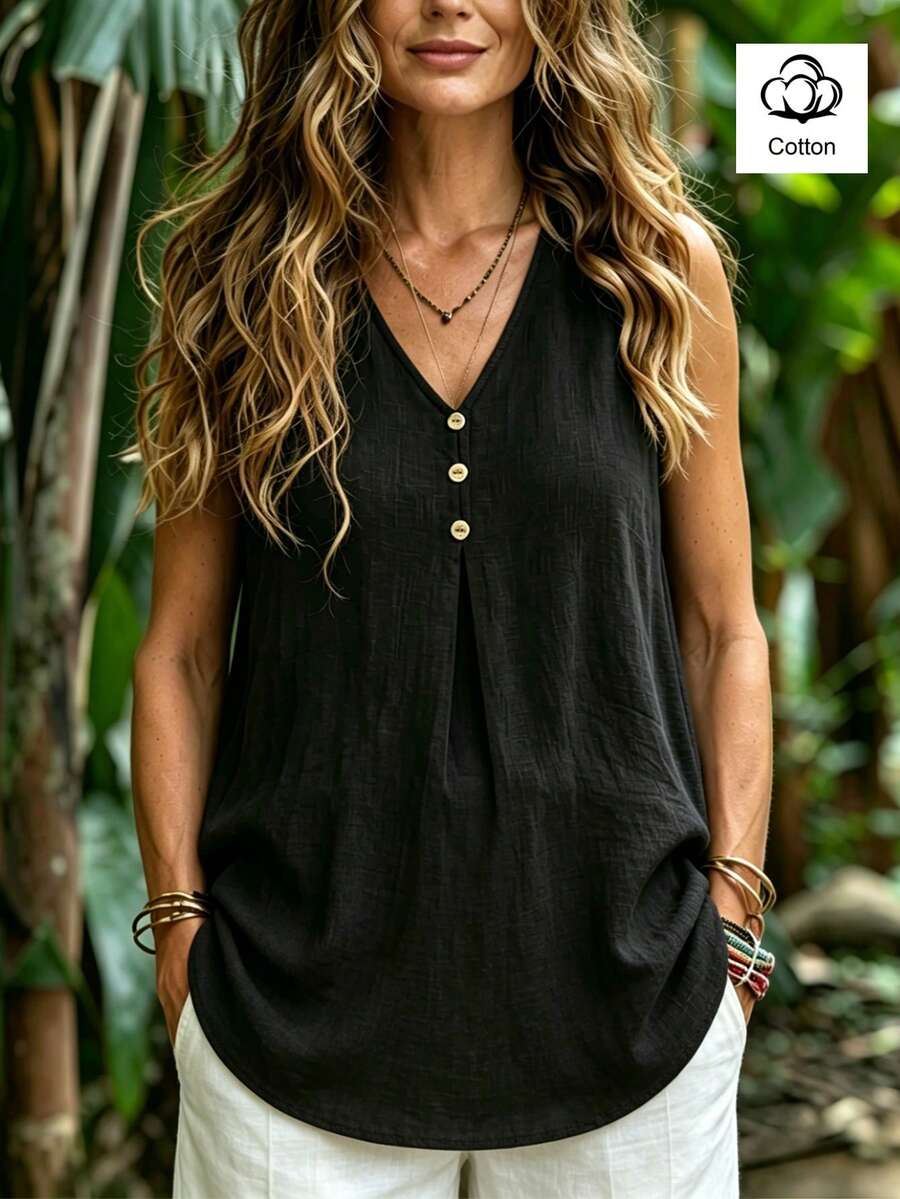 Linavere Áo tank top nữ thời trang thường ngày dáng rộng không tay cổ chữ V - Thiết kế cúc giả - Phong cách tối giản thanh lịch, phù hợp cho đi làm và mặc hàng ngày - Áo đen nữ - màu đen - Xem 1