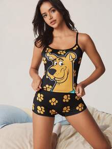 SCOOBY-DOO X SHEIN Set Camisole dan Celana Dalam Boyshort Motif Kartun - Hitam - View 8