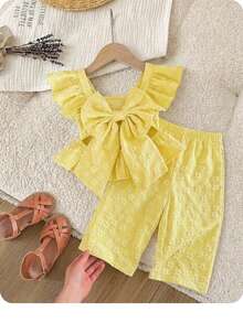 2Pcs Baby Girl Summer Pastel Yellow Cute Vacation Outfit,Ruffled Bow Top And Trousers Set,Lemon Floral Linen Clothes For Toddler Girls Summer Coord - Yellow - View 6