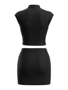 Rina Fox 2026 New Chinese Style Straight Collar Cheongsam 2 Pieces Set, A-Line Bodycon Mini Skirt - Black - View 2