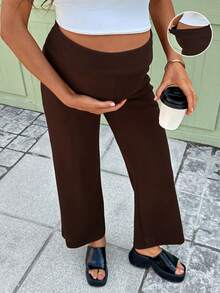 SHEIN Maternity Solid Color High Waist Casual Loose Pants - Coffee Brown - View 2