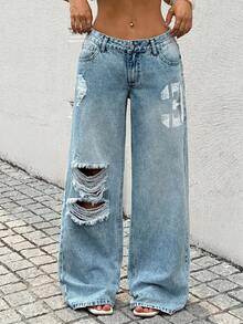 Rivivi Quần jeans ống đứng cạp thấp, in họa tiết số, kiểu dáng thời trang, rách rưới. - Rửa nhẹ - Xem 5