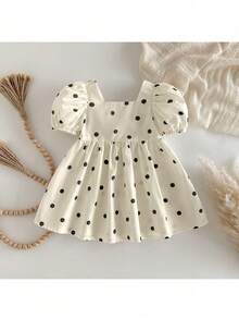 Loomiva Baby Girl Polka Dot Pattern Square Neck Petal Sleeve Cinched Waist Dress - Beige - View 3