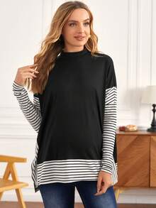 MaterniWear Maternity Mock Neck Striped Colorblock Tee With Long Sleeve Fall - Black - View 5