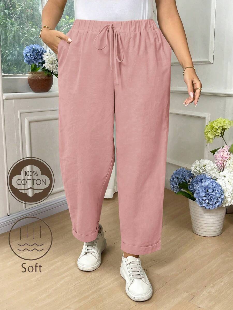 EMERY ROSE Plus Size Women Solid Color Drawstring Waist Pocket Casual Versatile Daily Wear Pants Fall - Baby Pink - View 1