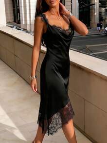 SHEIN Raffinéa 女士优雅缎面蕾丝拼接不对称下摆连衣裙，适合度假、约会等场合 - 黑色 - 查看 3