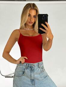 SHEIN EZwear 女士夏季时尚纯红色露背吊带背心 - 紅色 - 查看 2