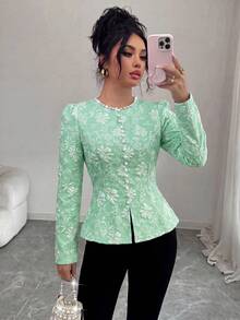 Elenzga Blusa blanca elegante y exquisita de mujer, con cuello redondo decorado con perlas, ribete de botones delanteros, diseño de bajo con abertura, adecuada para mujeres de 20 a 35+ años para reuniones, fiestas, viajes diarios, temporada de graduación (estampado aleatorio). Fabricada con tela jacquard de primavera/otoño, de estilo francés único, elegante y versátil. - Verde Oscuro - Ver 3